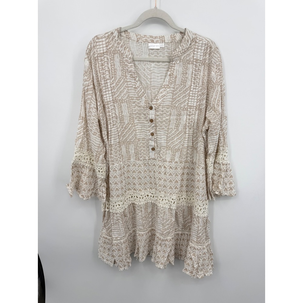 DOTTI Geometric Print Crochet Trim Tunic Dress sz XL Tan White Boho Bell Sleeve - Picture 2 of 9